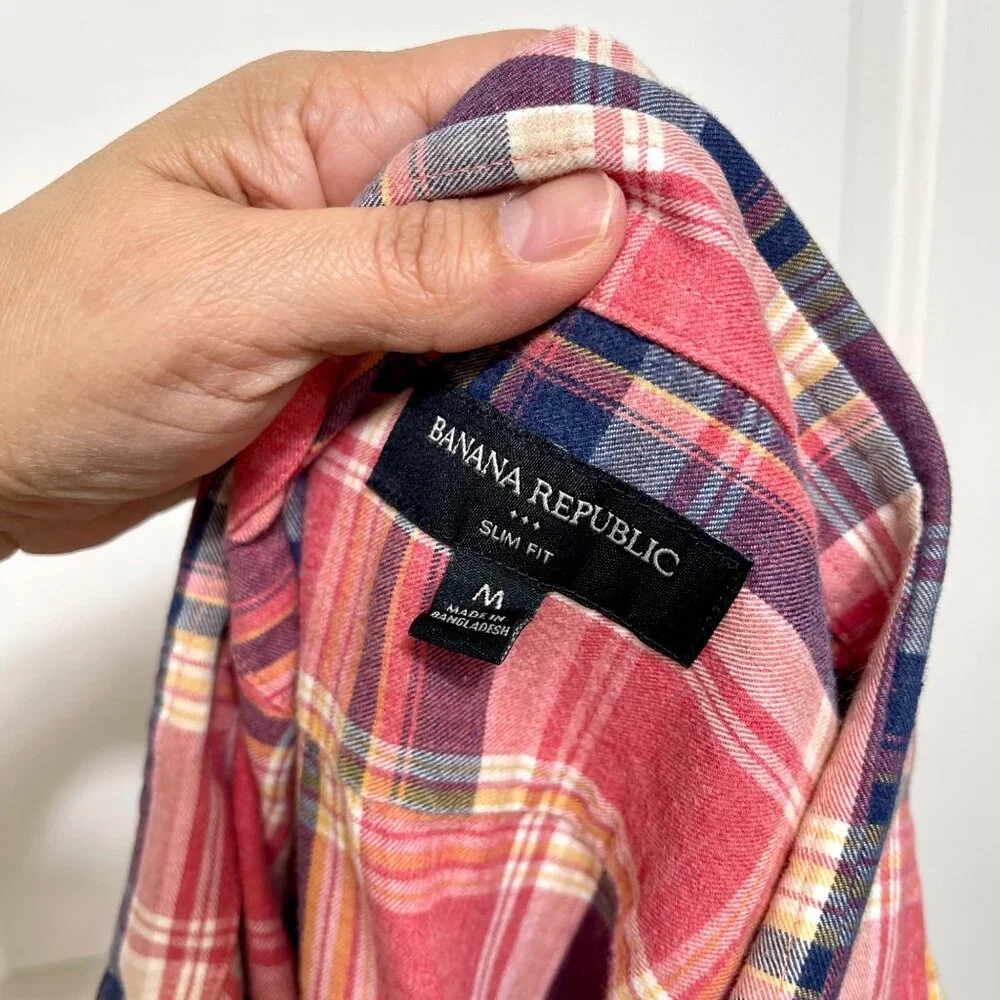 Banana Republic Slim Fit‎ Red Plaid Long-Sleeve Button-Up Shirt 100% Cotton Size